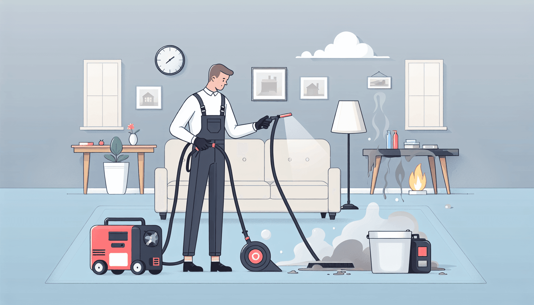 Technician removing smoke and soot from a room